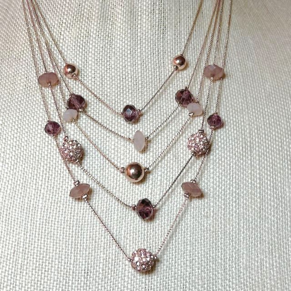 Rose Gold, Amethyst, Light Lavender Opal, Five Strand Necklace NWOT